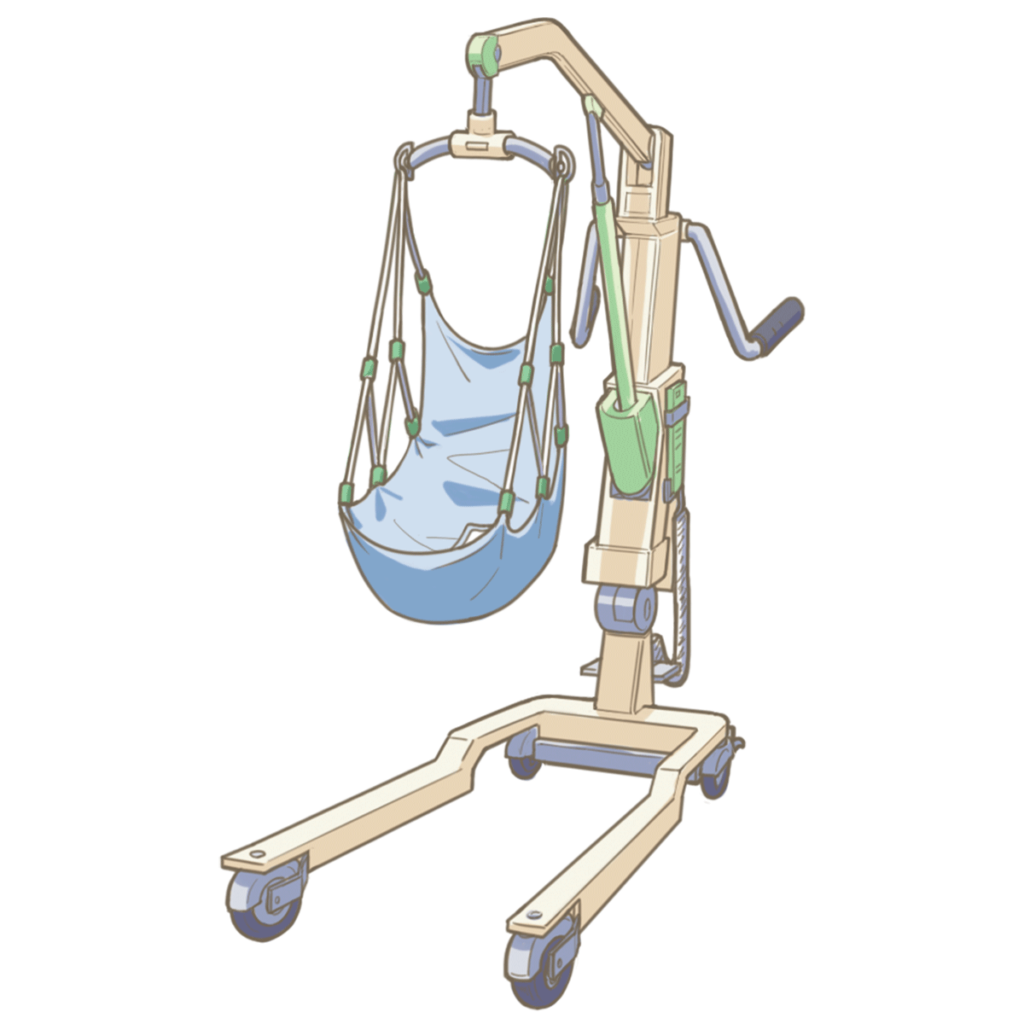 床走行リフトのイラスト。自立式のスタンドにスリングを吊り、スタンドごと床面を動かして運ぶキャスター付き