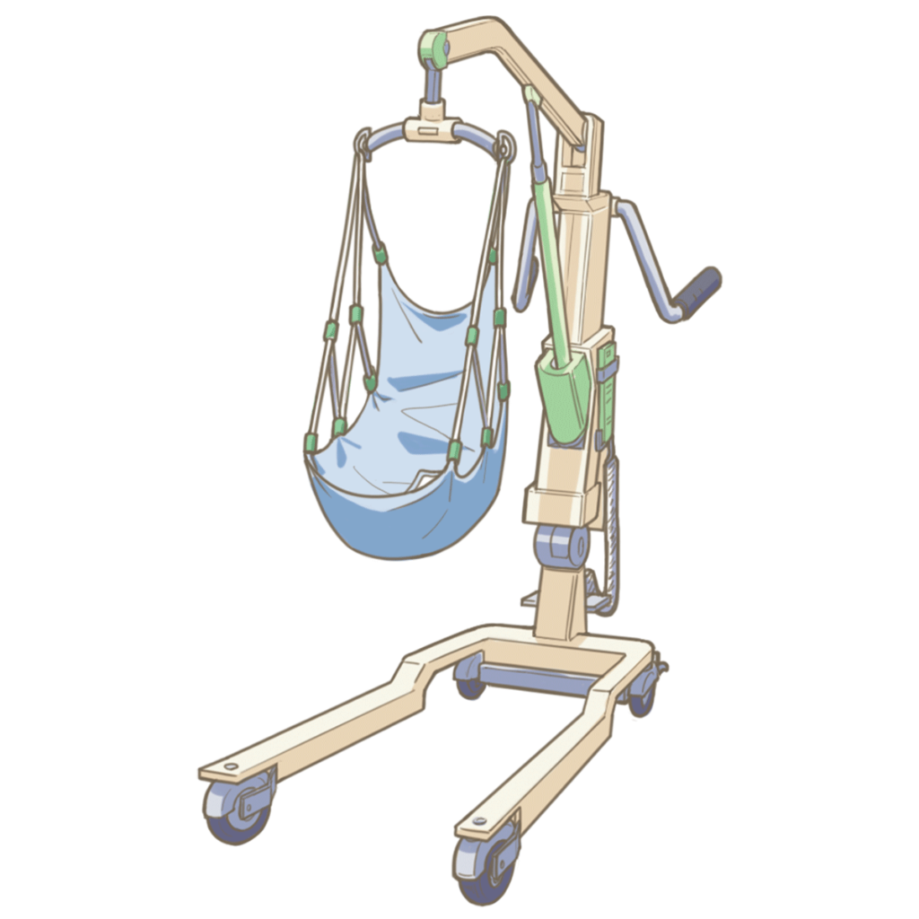 床走行リフトのイラスト。自立式のスタンドにスリングを吊り、スタンドごと床面を動かして運ぶキャスター付き