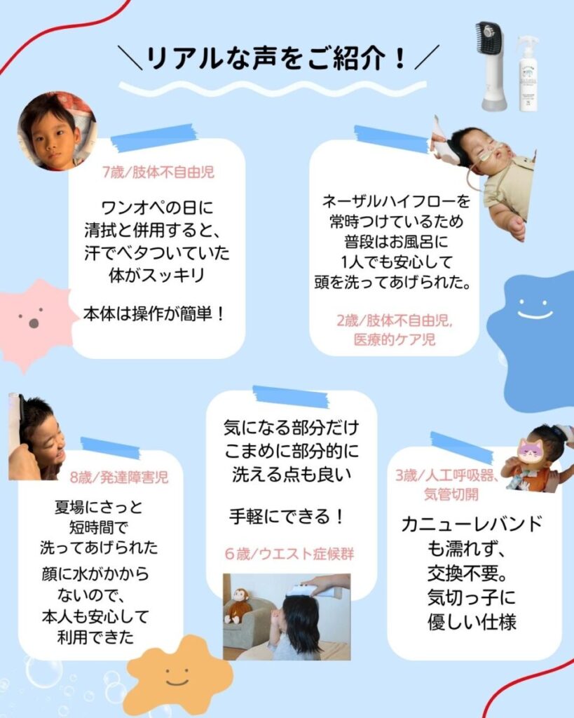 医療的ケア児・発達障害児の親からのリアルな声を紹介する画像。ワンオペでの使用感や短時間で洗える利点、ネーザルハイフローをつけながら安心して洗えること、カニューレバンドが濡れない点などが書かれている