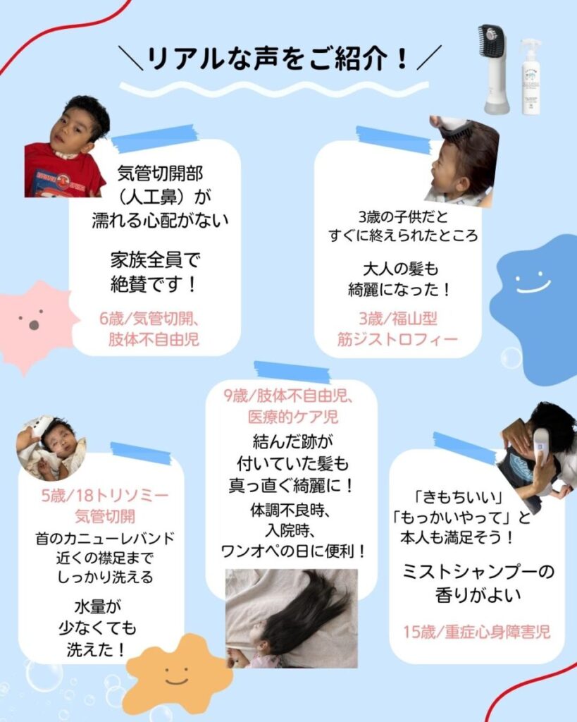 医療的ケア児や発達障害児の家族による製品使用レビューをまとめた画像。気管切開部が濡れる心配がない、子どもの髪を短時間で洗える、大人の髪も綺麗になった、結んだ跡の髪が真っ直ぐ綺麗に、カニューレバンド周りまで洗えた、ミストシャンプーの香りがよいなどの感想が紹介されている。