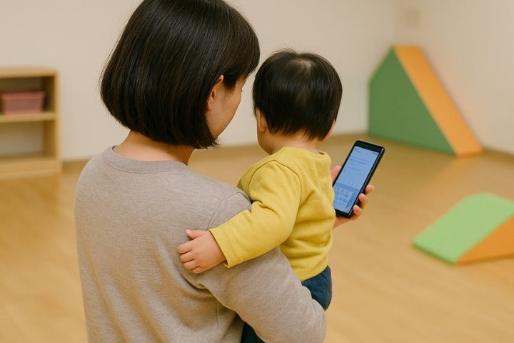 ママが子どもを抱っこしたまま連絡帳アプリを入力している