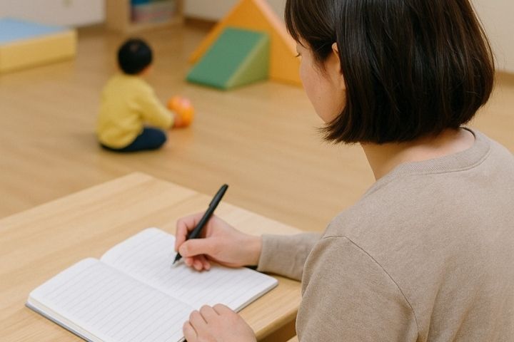 ママが連絡帳を書いているシーン