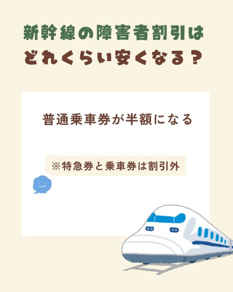 新幹線の障害者割引の料金は、乗車券の料金の半額です。特急券は割引の対象にはなりません。