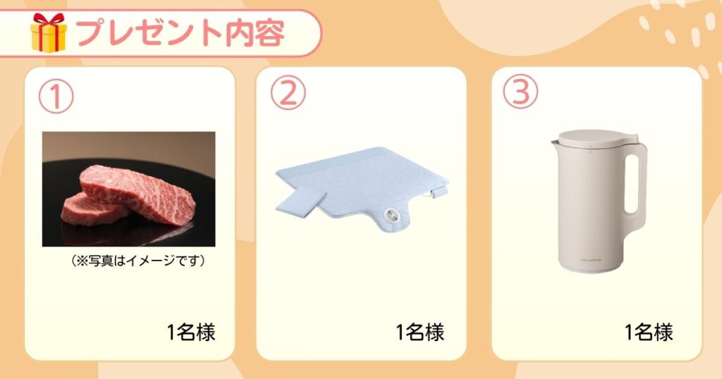 プレゼント内容、①お肉のセット、②SOYOハーフマット③レコルト自動調理ポット