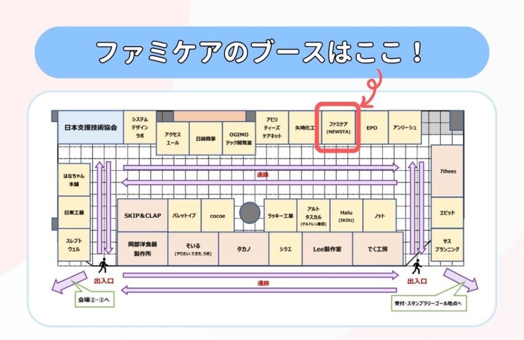 ファミケアのブースは出入口を入って奥側、EPOと矢崎化工のブースの隣