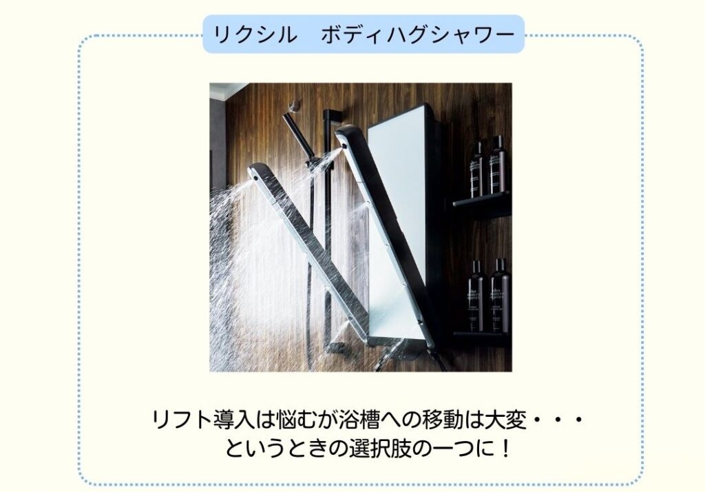壁に取り付けられた装置から複数の水流が出て、立ったまま体の前後や側面にシャワーを当てて全身を洗える設備が示されている