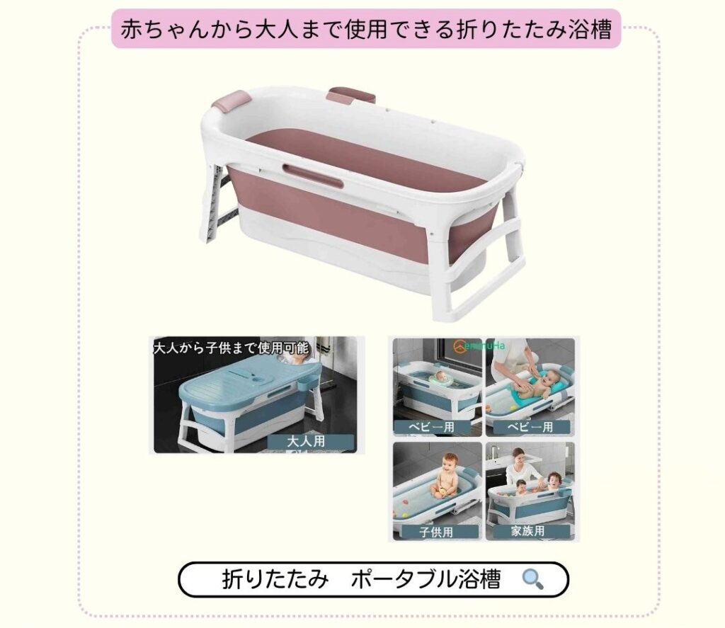 折りたたみできる簡易浴槽を広げ、乳児から子どもまでが中に入り座ったり寝たりして入浴している様子が示されている