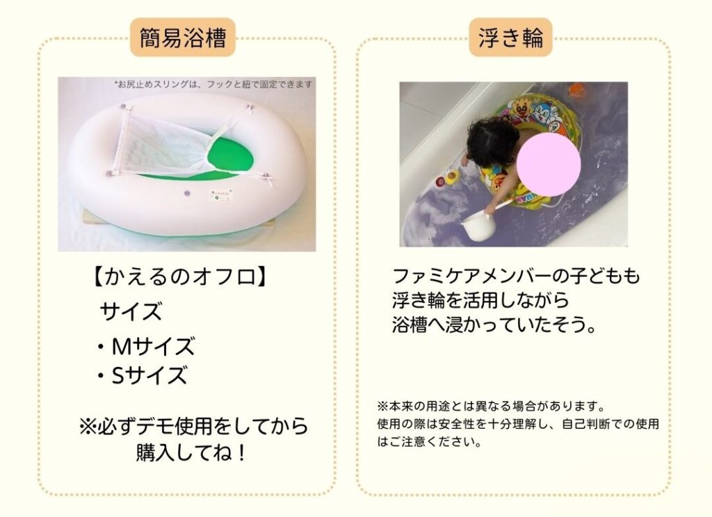 簡易浴槽の中で、布製のシートに体を支えられて横になる方法と、浮き具で体を支えながらお湯に浸かる入浴の様子が示されている