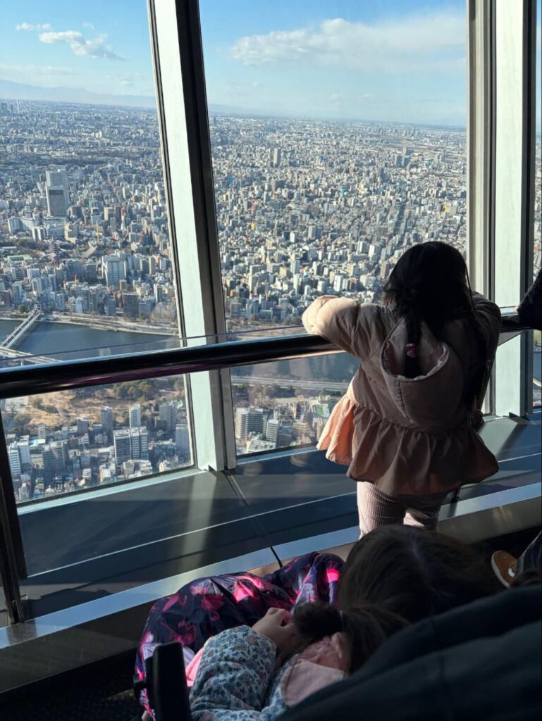 東京スカイツリー展望台の大きな窓から東京の街並みを見下ろす子ども