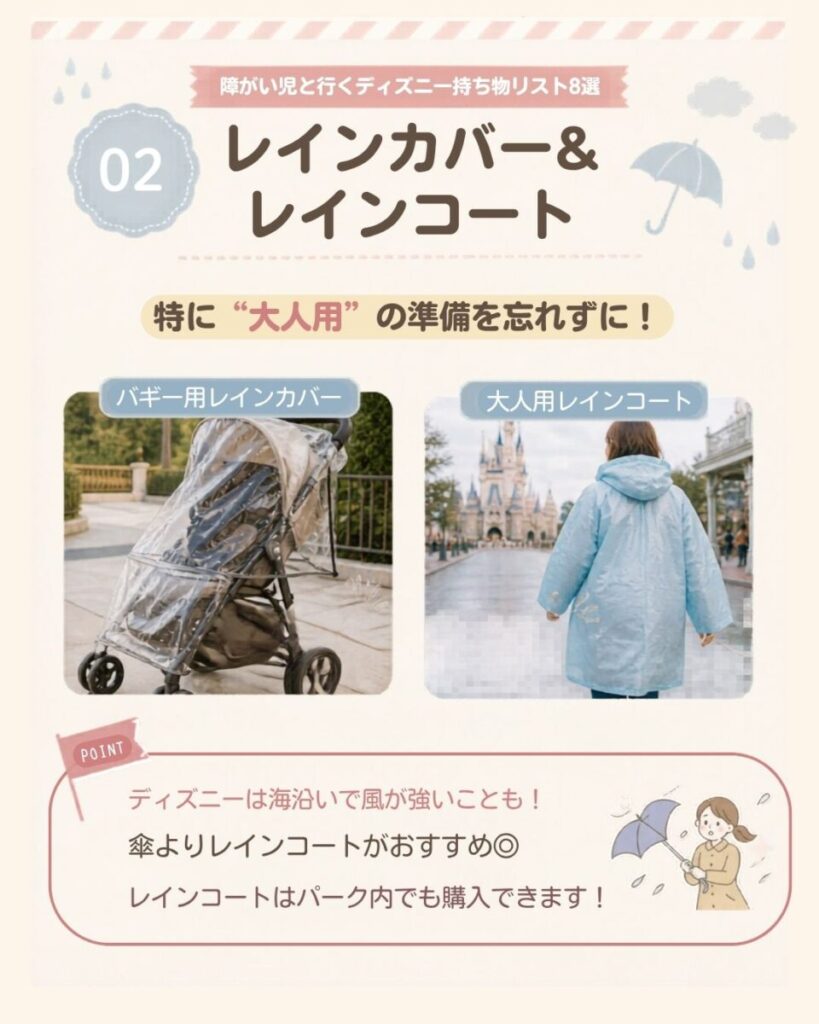 障がい児と行くディズニー持ち物リスト8選の2つ目は、レインカバーとレインコート。ディズニーは海沿いで風が強い日もあるため、傘よりレインコートがおすすめ。バギー用だけでなく、大人用レインコートも準備しておくと移動しやすい。レインコートはパーク内でも購入できる。