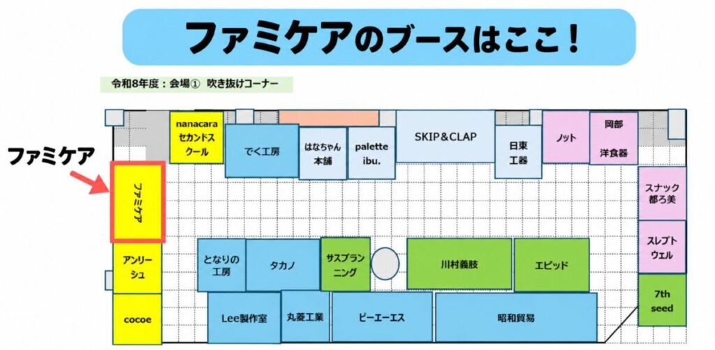 関西キッズ機器展2026の会場①「吹き抜けコーナー」の配置図。ファミケアのブースは図の左端にあり、アンリーシュの上、nanacara・セカンドスクールの左下に位置する。黄色のブースを赤枠と矢印で示している。