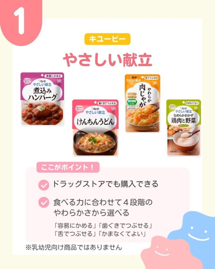 キユーピーのやさしい献立シリーズの商品パッケージ4点。左に紫色の煮込みハンバーグ、中央下にピンク色のけんちんうどん、中央上にオレンジ色のやわらか肉じゃが、右に緑色のなめらかおかず鶏肉と野菜が並んでいる。それぞれのパッケージに料理の写真が載っている。 ここがポイント ドラッグストアでも購入できる 食べる力に合わせて次の4段階のやわらかさから選べる ・容易にかめる ・歯ぐきでつぶせる ・舌でつぶせる ・かまなくてよい ※乳幼児向け商品ではありません