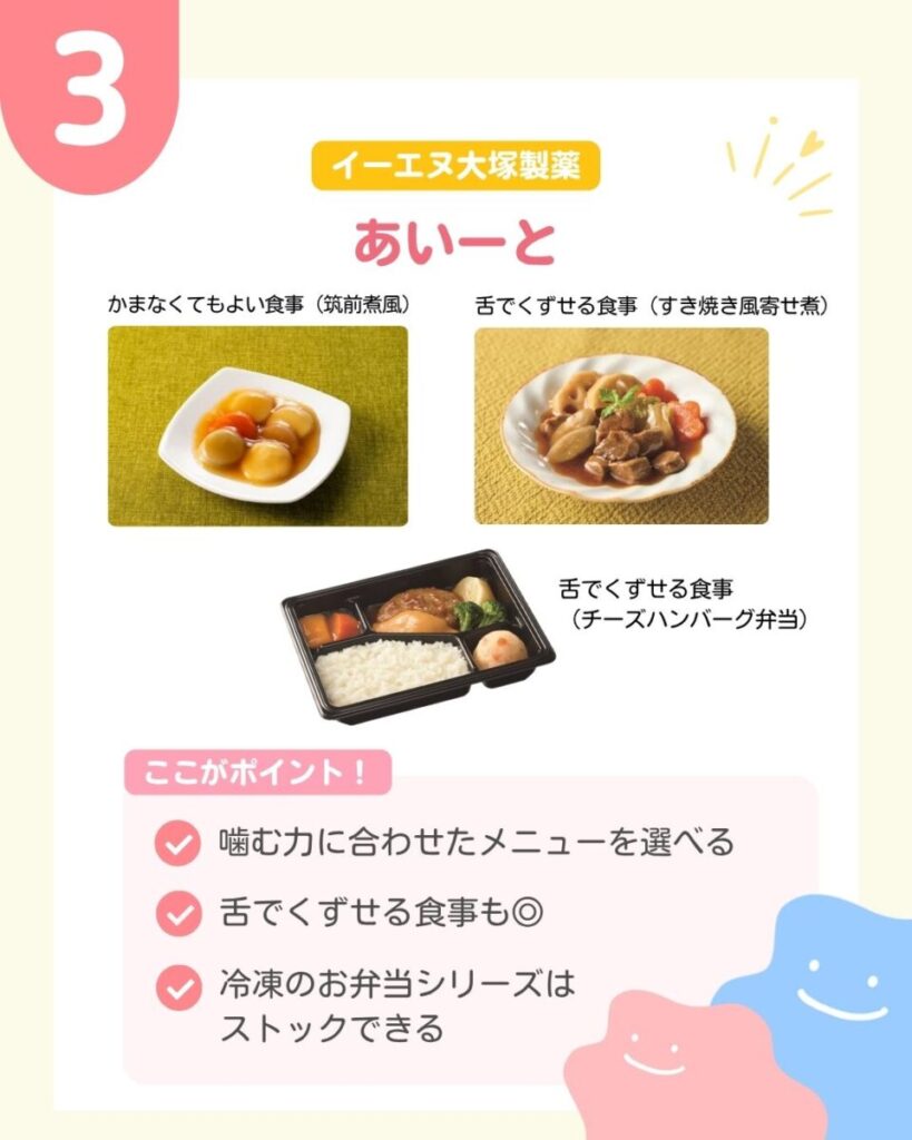 あいーとの料理写真3点。左上に、白い器に盛られた筑前煮風の食事。右上に、肉や花形のにんじんなどを盛り付けたすき焼き風寄せ煮。中央下に、黒い仕切り付き容器にごはん、チーズハンバーグ、野菜などを詰めたお弁当が写っている。 ここがポイント 噛む力に合わせたメニューを選べる 舌でくずせる食事も 冷凍のお弁当シリーズはストックできる